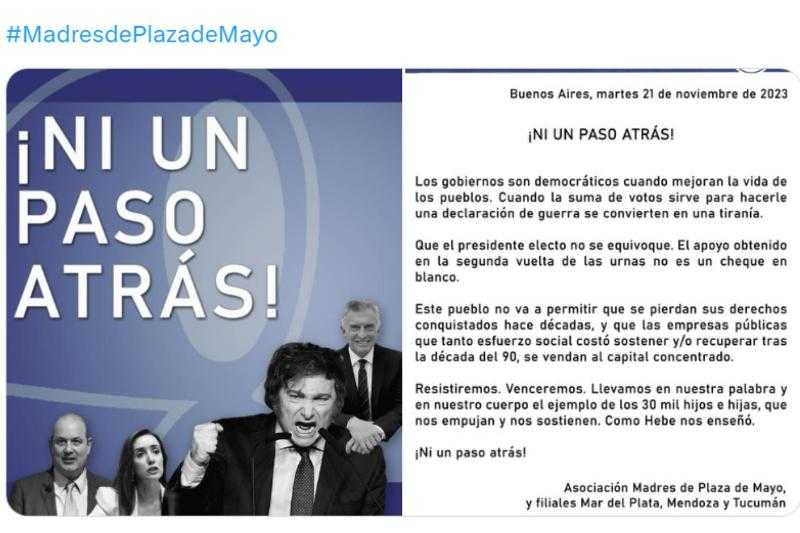 Резкое заявление Madres de Plaza de Mayo в адрес Хавьера Милея: "Не дайте избранному президенту совершить ошибку".