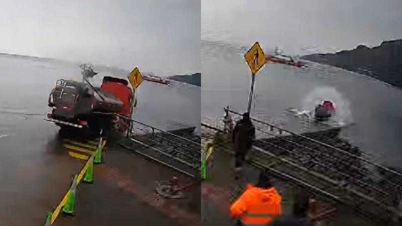 El momento exacto en que camión cayó al mar en Puerto Montt: fallaron los frenos